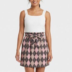 NO COMMENT Preppy Argyle Mini Dress White Ribbed Pink Black Schoolgirl Vibe L